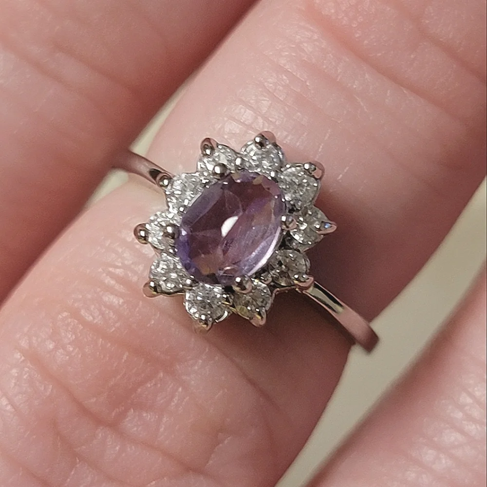 Gorgeous Amethyst Halo Flower Ring Cluster Faceted Gemstone